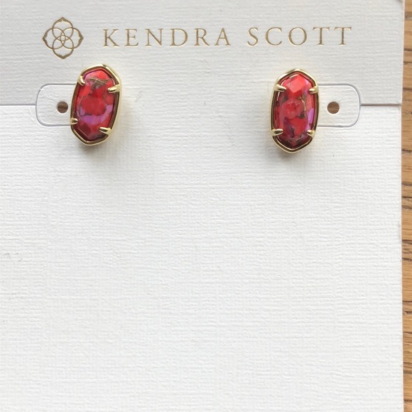 Kendra Scott Grayson Bronze Veined Red Fuchsia Magnesite Stud Earrings NWT - Picture 10 of 14